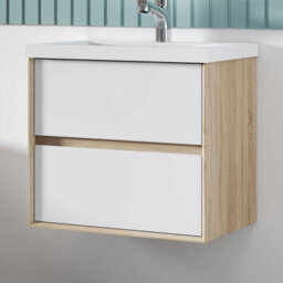 Sline 600mm Wall Mounted Bathroom Vanity Unit With Artificial Stone Basin,2 Soft Close Drawers For Storage,white,oak,flat Packed - thumbnail 4
