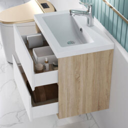 Sline 600mm Wall Mounted Bathroom Vanity Unit With Artificial Stone Basin,2 Soft Close Drawers For Storage,white,oak,flat Packed - thumbnail 6