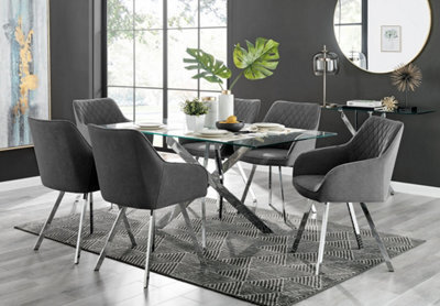 Furniturebox Uk Leonardo Glass And Chrome Metal Dining Table And 6 Dark Grey Falun Fabric Silver Leg Chairs - image 1
