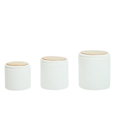 Nordlys Set Of 3 Poufs With Wooden Storage And White Boucle Vintage Style Living Room - image 1