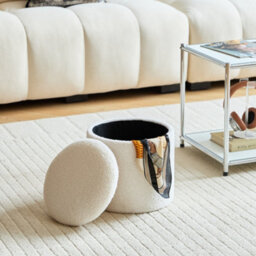 Nordlys Set Of 3 Poufs With Wooden Storage And White Boucle Vintage Style Living Room - thumbnail 7