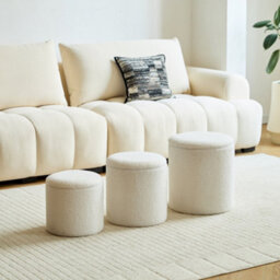 Nordlys Set Of 3 Poufs With Wooden Storage And White Boucle Vintage Style Living Room - thumbnail 3