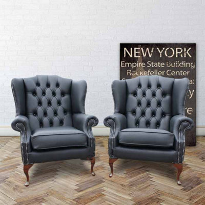 Chesterfield Pair High Back Wing Chair Shelly Black Leather Bespoke In Mallory Style - image 1