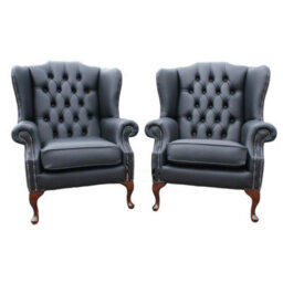 Chesterfield Pair High Back Wing Chair Shelly Black Leather Bespoke In Mallory Style - thumbnail 2