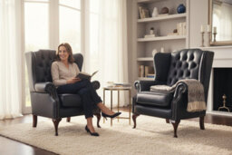 Chesterfield Pair High Back Wing Chair Shelly Black Leather Bespoke In Mallory Style - thumbnail 3