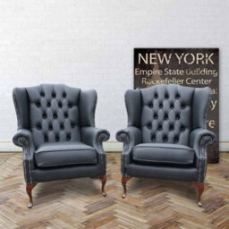 Chesterfield Pair High Back Wing Chair Shelly Black Leather Bespoke In Mallory Style - thumbnail 1