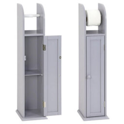 Elegant Grey Wooden Toilet Paper Roll Holder & Storage Cabinet Free Standing Multifunctional Bathroom Organizer With Shelf - thumbnail 3