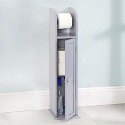 Elegant Grey Wooden Toilet Paper Roll Holder & Storage Cabinet Free Standing Multifunctional Bathroom Organizer With Shelf - thumbnail 2