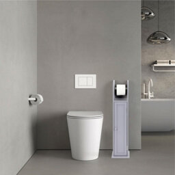 Elegant Grey Wooden Toilet Paper Roll Holder & Storage Cabinet Free Standing Multifunctional Bathroom Organizer With Shelf - thumbnail 6