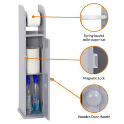 Elegant Grey Wooden Toilet Paper Roll Holder & Storage Cabinet Free Standing Multifunctional Bathroom Organizer With Shelf - thumbnail 4
