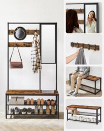 Songmics Vasagle Hallway Organizer Set With Mirror, Coat Hooks, Shoe Bench, And Shelves, Entryway Storage Solution, Rustic Brown And Black - thumbnail 3