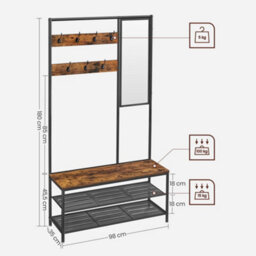 Songmics Vasagle Hallway Organizer Set With Mirror, Coat Hooks, Shoe Bench, And Shelves, Entryway Storage Solution, Rustic Brown And Black - thumbnail 2