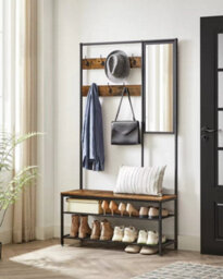 Hallway Organizer Set With Mirror, Coat Hooks, Shoe Bench, And Shelves, Entryway Storage Solution, Rustic Brown And Black