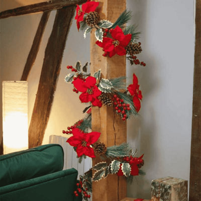 Samuel Alexander 1.8M Red And Green Christmas Poinsettia Garland With Pinecones & Seasonal Foliage - image 1