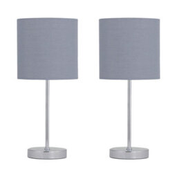 First Choice Lighting Set Of 2 Chrome Stick Table Lamps With Grey Cotton Shades - thumbnail 1