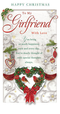With Love To My Girlfriend Heart Design Wreath Red Glitter Finished Christmas Card - image 1