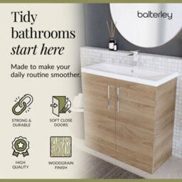 Balterley Contemporary Bathroom Floor Standing 2 Soft-Close Door Vanity Unit & Mid-Edge Ceramic Basin, Bleached Oak, 800 mm - thumbnail 7