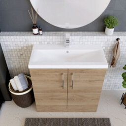 Balterley Contemporary Bathroom Floor Standing 2 Soft-Close Door Vanity Unit & Mid-Edge Ceramic Basin, Bleached Oak, 800 mm - thumbnail 3