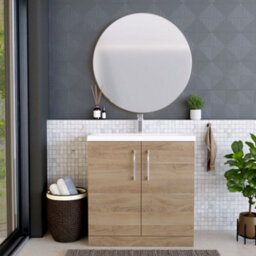 Balterley Contemporary Bathroom Floor Standing 2 Soft-Close Door Vanity Unit & Mid-Edge Ceramic Basin, Bleached Oak, 800 mm - thumbnail 2