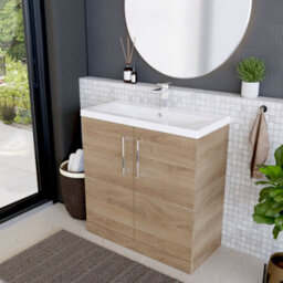 Balterley Contemporary Bathroom Floor Standing 2 Soft-Close Door Vanity Unit & Mid-Edge Ceramic Basin, Bleached Oak, 800 mm - thumbnail 4