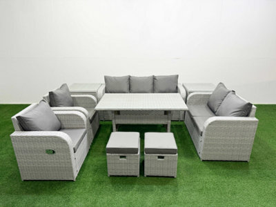 Fimous Pe Rattan Garden Furniture Set Reclining Chair Double Love Seat 2 Seater Sofa Lounge Set 2 Stools 2 Side Table Light Grey - image 1