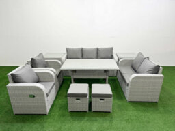 Fimous Pe Rattan Garden Furniture Set Reclining Chair Double Love Seat 2 Seater Sofa Lounge Set 2 Stools 2 Side Table Light Grey - thumbnail 1