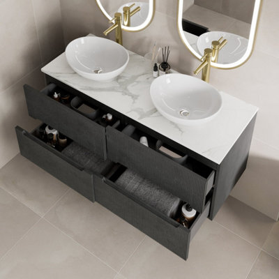 Aveli 1200mm Black White Marble Vanity Unit Double Oval Basin Wall Hung Soft Close - image 1