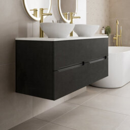 Aveli 1200mm Black White Marble Vanity Unit Double Oval Basin Wall Hung Soft Close - thumbnail 3