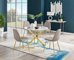Furniturebox Uk Novara White Marble Gold Leg Round Dining Table & 4 Cappuccino Corona Gold Leg Chairs
