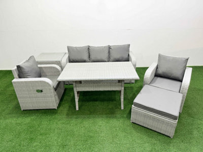 Fimous Pe Rattan Garden Furniture Set Reclining Chair Lounge Sofa Set Rectangular Dining Table Side Table Big Footstool Light Grey - image 1