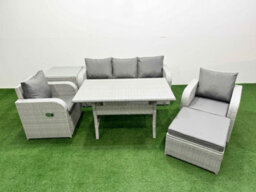 Fimous Pe Rattan Garden Furniture Set Reclining Chair Lounge Sofa Set Rectangular Dining Table Side Table Big Footstool Light Grey - thumbnail 2