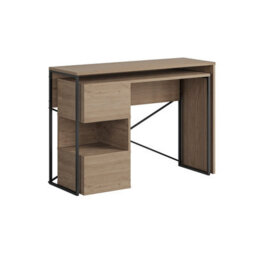 Decortie Modern Badau L-Shaped Computer Desk Natural Oak Black Metal Legs 3 Adjustable Storage Shelf Extra Table 110Cm(W) Office - thumbnail 2