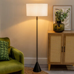 Valuelights Mitch Grey Fabric Drum Lamp Shade Black Single Stem Triangle Floor Lamp - thumbnail 1