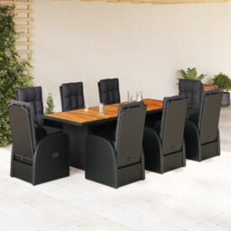 Berkfield 9 Piece Garden Dining Set With Cushions Black Poly Rattan