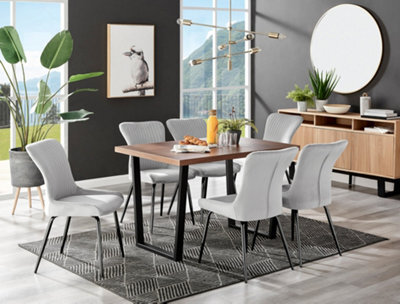 Furniturebox Kylo Brown Rectangular Wood Effect Dining Table & 6 Light Grey Velvet Nora Black Leg Chairs - image 1