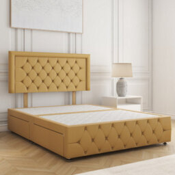 Bsspoke Lena Divan Bed Mustard Plush Velvet 24Inch Headboard & Footboard No Mattress No Drawers In Single Double King 4Ft 6Ft - thumbnail 1