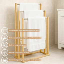 Bamboo Towel Rail 3 Tier Steel Poles Bathroom Stand Holder Floor - thumbnail 3