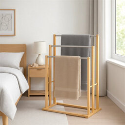 Bamboo Towel Rail 3 Tier Steel Poles Bathroom Stand Holder Floor - thumbnail 6