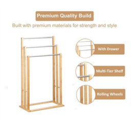 Bamboo Towel Rail 3 Tier Steel Poles Bathroom Stand Holder Floor - thumbnail 4