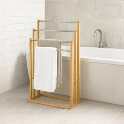 Bamboo Towel Rail 3 Tier Steel Poles Bathroom Stand Holder Floor - thumbnail 5