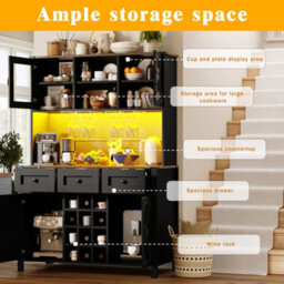 Abrihome Tall Kitchen Cabinet With 4 Doors & 3 Drawers, Usb Ports & Power Outlets, Side Cabinet For Kitchen, 120 X 40 X 170 Cm, Black - thumbnail 4