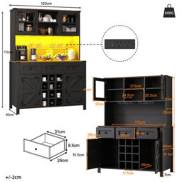 Abrihome Tall Kitchen Cabinet With 4 Doors & 3 Drawers, Usb Ports & Power Outlets, Side Cabinet For Kitchen, 120 X 40 X 170 Cm, Black - thumbnail 7