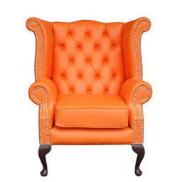 Chesterfield High Back Wing Chair Shelly Flamenco Orange Leather Bespoke In Queen Anne Style