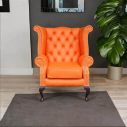 Chesterfield High Back Wing Chair Shelly Flamenco Orange Leather Bespoke In Queen Anne Style - thumbnail 2