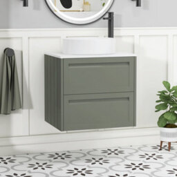 Royal Bathrooms Royal Bathroom Elmore 600mm Matt Green Wall Mounted Countertop Bathroom Vanity Unit 2 Drawer Plain White Worktop With Art Basin - thumbnail 1