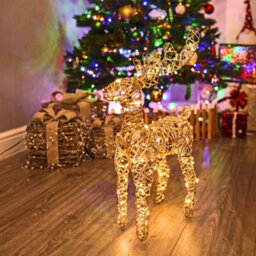 Urbn-Living Urbnliving Height 50Cm Set Of 2 Gold Pearl Led Light Up Christmas Reindeer Rattan Metal Wire Stag Statue Decoration