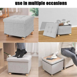 Light Gray Folding Storage Stool Seat Ottoman Footstool - thumbnail 2