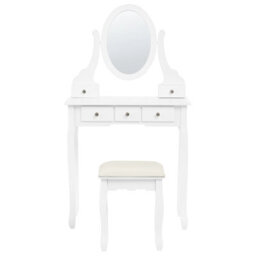 Beliani Glam Design Dressing Table White Mdf And Paulownia Wood 140 X 80 Cm With 5 Drawers And Stool - thumbnail 1
