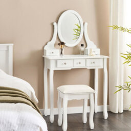 Beliani Glam Design Dressing Table White Mdf And Paulownia Wood 140 X 80 Cm With 5 Drawers And Stool - thumbnail 2