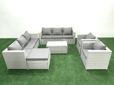 Fimous Outdoor Rattan Sofa Garden Furniture Set 2 Armchairs Oblong Coffee Table Big Stool Light Grey - image 1